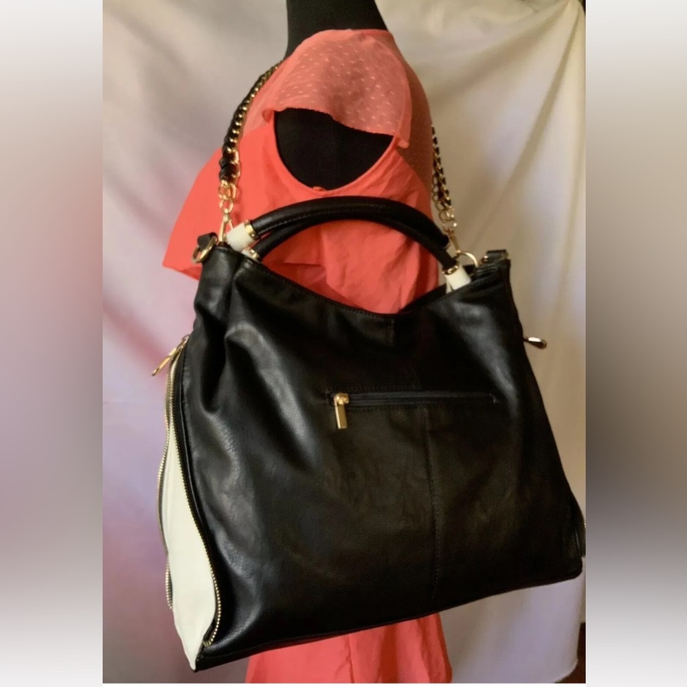 Imoshion Black And Ivory Faux Leather Zip Side Tote Handbag.